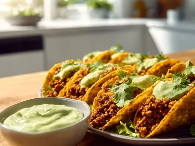 Super crispy oven-baked tacos filled with ground turkey, garnished and ready to serve.