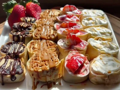 Sweet crepes rolled with vanilla cream and fresh fruit, topped with chocolate