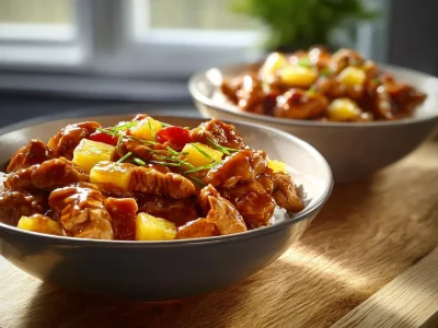 Sweet Hawaiian Crockpot Chicken served with pineapple and rice