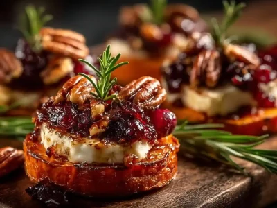 Sweet potato rounds topped with brie, cranberries, and pecans on a plate.