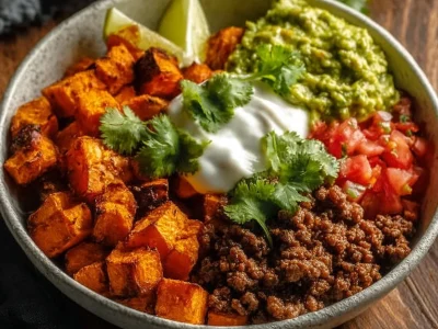 Colorful sweet potato taco bowl with fresh toppings and ingredients