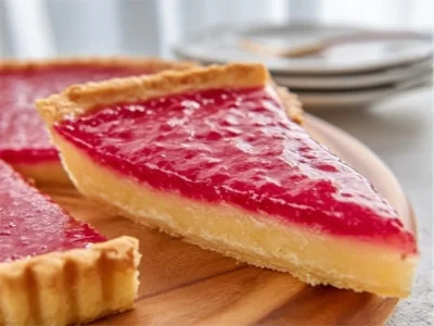 Sweet rhubarb custard tart with a golden crust and fresh rhubarb topping