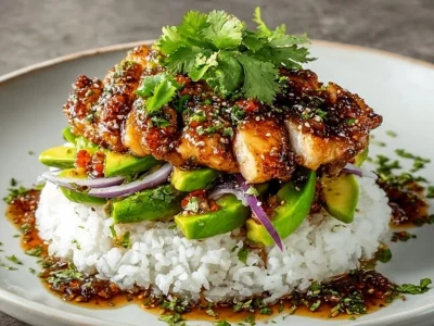 Delicious Honey Lime Chicken served with Avocado Rice Stack