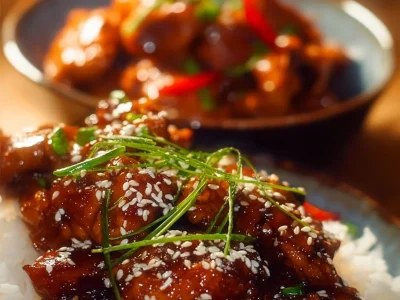 Plate of teriyaki chicken garnished with sesame seeds and green onions