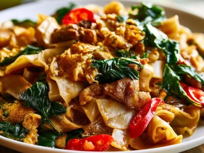 Plate of Thai drunken noodles garnished with fresh vegetables and basil