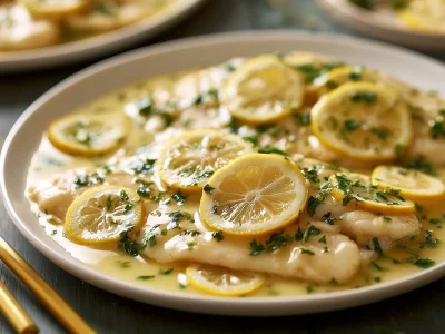 Plate of tilapia with creamy lemon garlic herb sauce garnished with fresh herbs