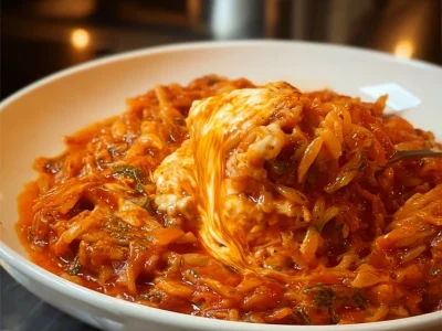 Delicious Tomato Beef Cheese Baked Rice topped with melted cheese and herbs.