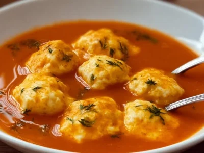 Delicious tomato soup garnished with cheesy dumplings in a bowl.