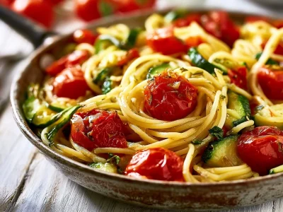 Tomato Zucchini Pasta with fresh ingredients and vibrant colors