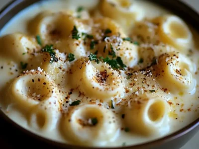 Tortellini sauce Alfredo served in a white bowl, creamy and topped