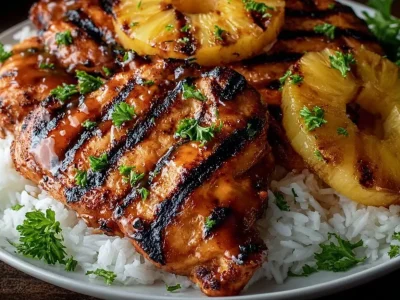 Tropical Chicken served with Coconut Rice and Grilled Pineapple on a plate