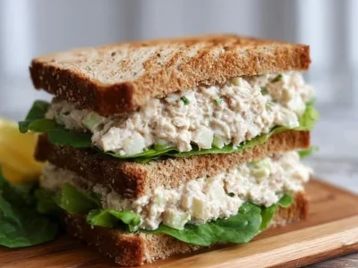 Tuna salad sandwich on a plate with fresh ingredients