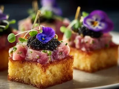 Crispy brioche topped with fresh tuna tartare bites served on a plate