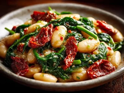 Delicious Tuscan Butter Beans with spinach and sun-dried tomatoes in a bowl