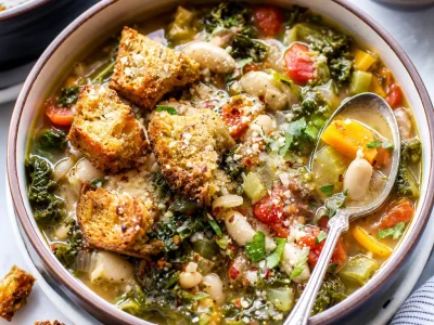 A bowl of Tuscan cannellini bean soup with kale and fresh vegetables.