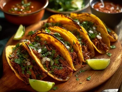 Delicious plate of ultimate birria tacos with rich broth and toppings