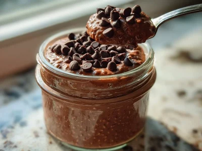 Delicious Ultimate Healthy Chocolate Overnight Oats in a bowl with toppings