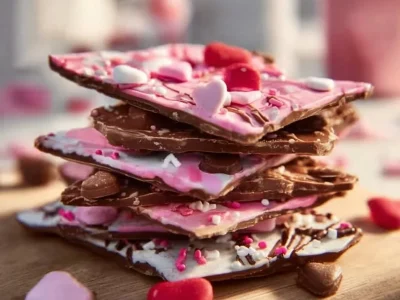 Valentine's Day chocolate bark with heart-shaped sprinkles and chocolate drizzle