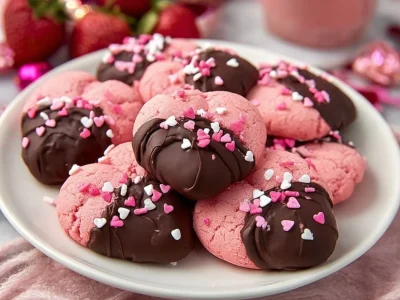 Valentine's Day chocolate covered strawberry cookies on a decorative plate