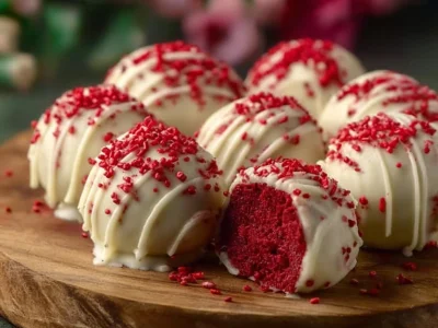 Valentine's Day red velvet truffles on a decorative plate