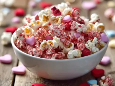 Valentine's Day snack mix with heart-shaped treats and festive colors
