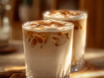 A cup of vanilla cinnamon milk tea garnished with cinnamon sticks and vanilla pod.