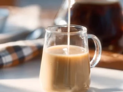 Vanilla coffee creamer in a glass with coffee cup in the background.
