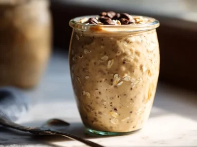 Bowl of Vanilla Cold Brew Overnight Oats topped with fresh fruit and nuts