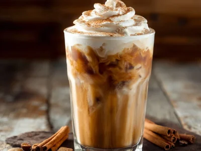 A refreshing glass of Vanilla Maple Protein Iced Coffee with ice cubes and a drizzle of maple syrup.