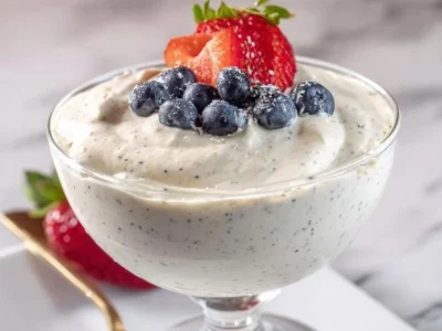 A delicious serving of homemade vanilla mousse in a glass, garnished with berries