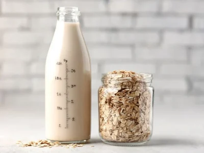 A glass of creamy vanilla oat milk with an oat and vanilla pod backdrop.