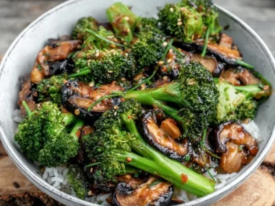 Delicious vegan broccoli and mushroom stir fry served in a bowl