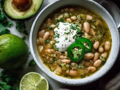 Bowl of Vegan Chili Verde Soup garnished with fresh cilantro and lime