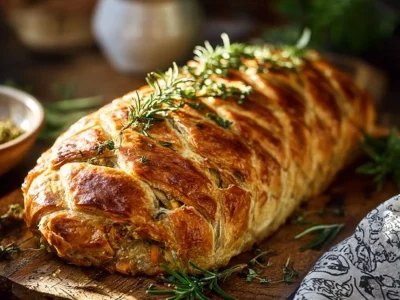 A beautifully presented Vegan Lentil Wellington on a rustic wooden table.