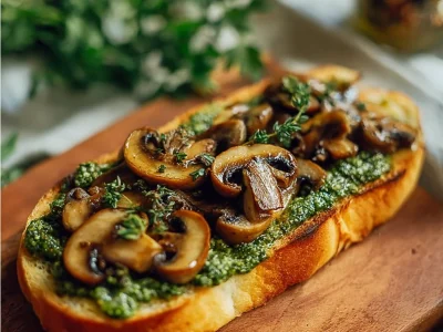 Vegan mushroom pesto sandwich on a wooden cutting board with fresh ingredients