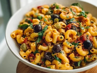 Vegan Puttanesca Pasta served with fresh basil and olives