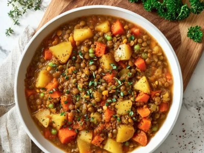 A bowl of hearty vegan stew filled with colorful vegetables and spices