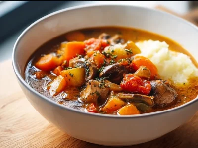 Delicious vegetarian stew served in a bowl with fresh herbs on top.