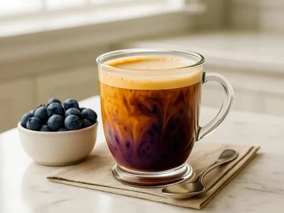 Warm blueberry cobbler coffee in a glass mug with espresso and blueberry syrup swirls, styled on marble with scattered fresh blueberries.