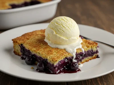 A slice of blueberry cobbler on a white plate with vanilla ice cream melting on top.