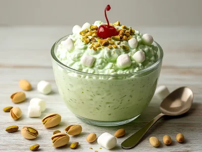 quick watergate salad with cottage cheese and pistachios in glass bowl on marble counter