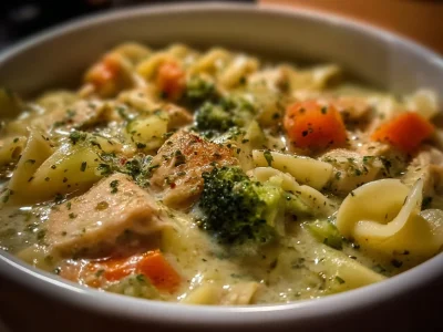 Bowl of creamy white chicken lasagna soup garnished with herbs and cheese.
