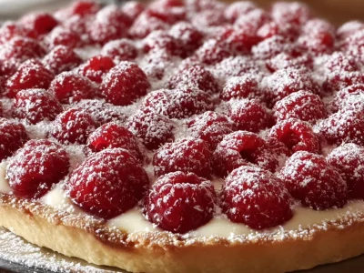 Slice of White Chocolate Raspberry Cream Pie topped with raspberries