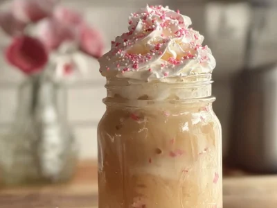 Delicious White Chocolate Strawberry Iced Coffee in a glass with fresh strawberries