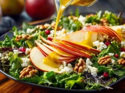 Winter Pear Salad with fresh pears, greens, and vinaigrette dressing.