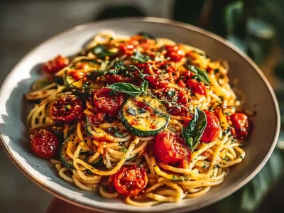 Zucchini and Tomato Pasta Recipe served with cherry tomatoes, zucchini, and fresh basil