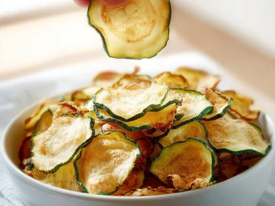 Crispy zucchini chips seasoned with salt and vinegar on a plate