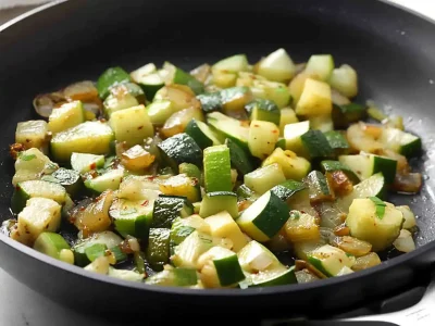 zucchini onions sauteed in skillet with golden edges